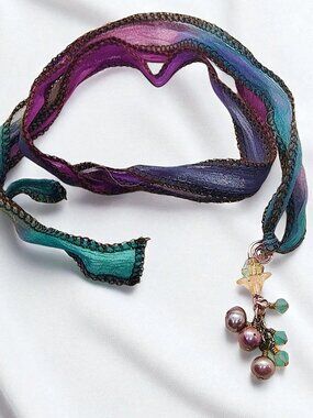 Handmade Bohemian Purple Fresh Water Pearl Multi-Wrap Silk Wrap Ribbon Bracelet